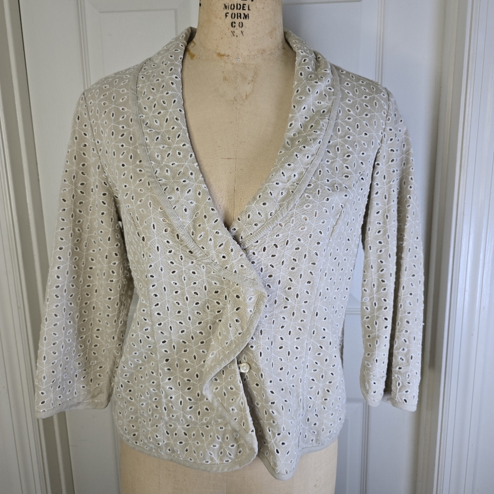 Elegant Cream Eyelet Women's‎ Button Front Linen Blend Jacket Chicos 8